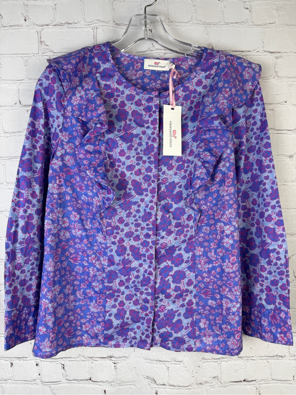 VINEYARD VINES purple blue floral ruffle-trim long sleeve cotton top NEW size 00